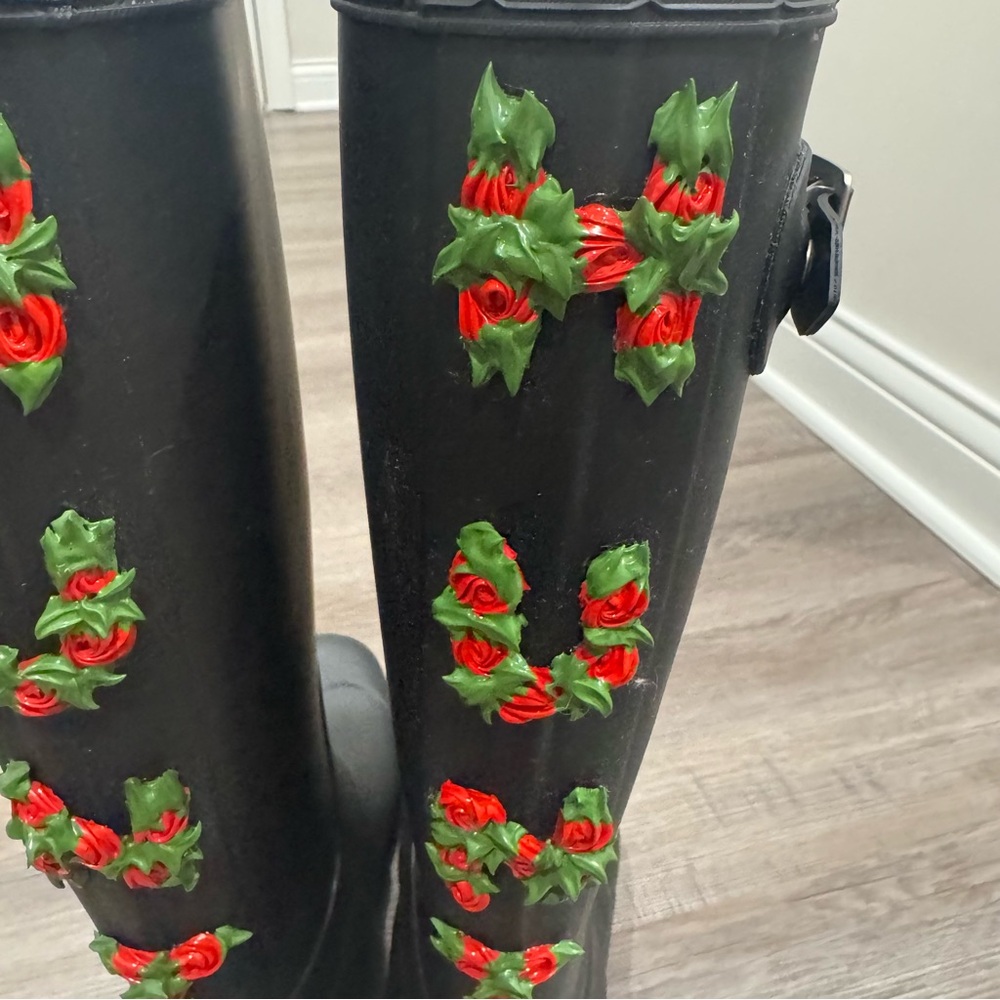 Hunter X Club Bum Boot Original Tall Black Rose Floral Logo Back Rain Boots - Picture 9 of 12